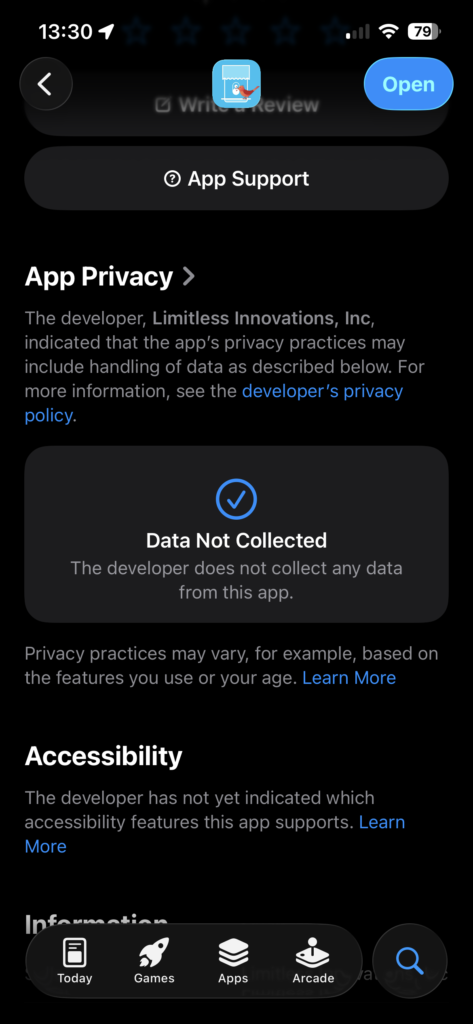 Screen capture of the Hello Birdie app privacy declaration. Note that is says no data collected.