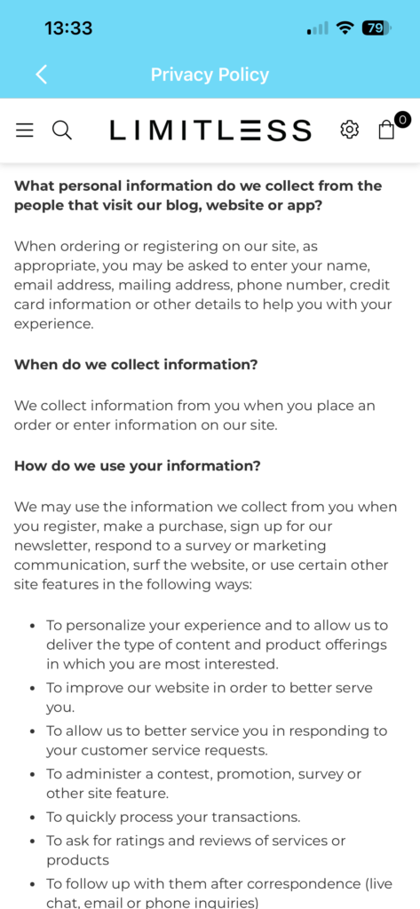Screen capture of the Limitless Privacy Policy